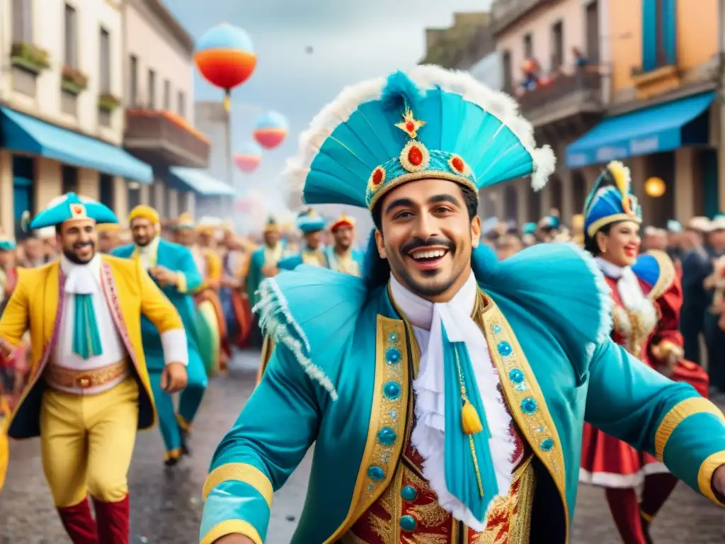 Un vibrante cuadro acuarela del Carnaval en Uruguay con desfiles coloridos y disfraces elaborados