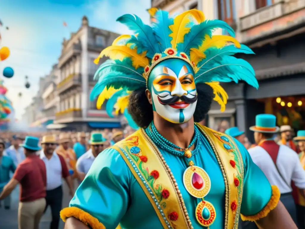 Un vibrante cuadro de acuarela del Carnaval en Uruguay, con carrozas coloridas y danzantes en elaborados trajes