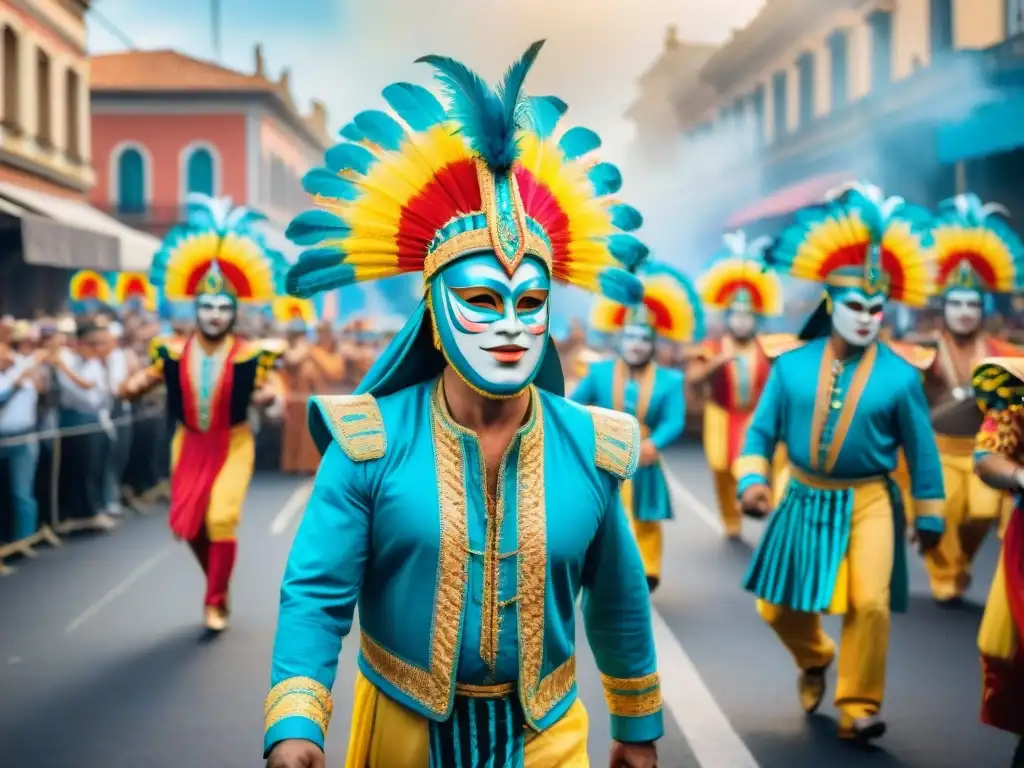 Un vibrante cuadro de acuarela del Carnaval Uruguayo, con trajes coloridos, máscaras tradicionales y bailarines alegres