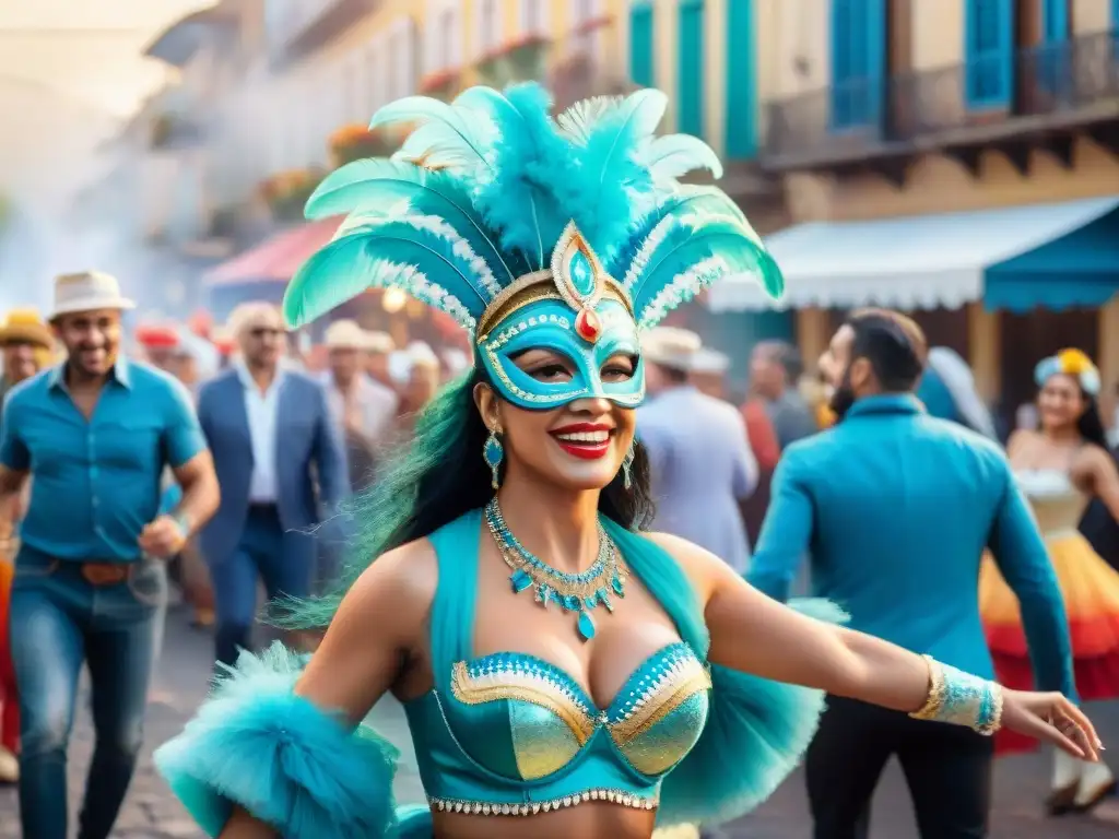 Un vibrante cuadro de acuarela del Carnaval en Uruguay 2021, con disfraces coloridos y bailes energéticos