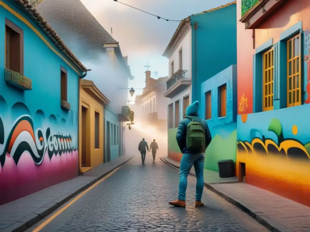 Un vibrante cuadro acuarela del Carnaval en Uruguay con graffitis coloridos en las paredes, capturando la energía y creatividad del festival