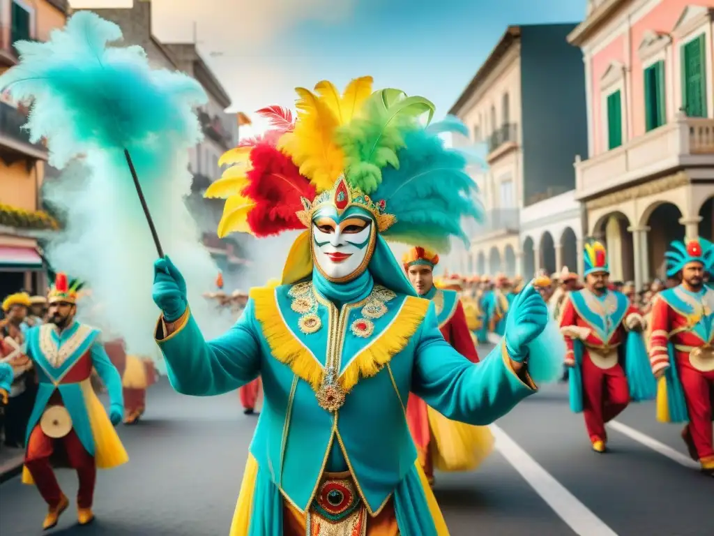 Un vibrante cuadro acuarela del Carnaval en Uruguay, con coloridos trajes y danzas alegres