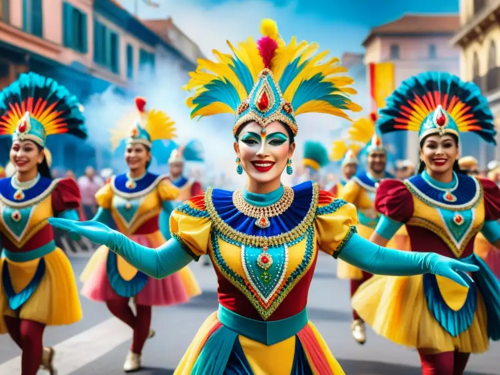 Un vibrante cuadro acuarela del Carnaval Uruguayo con desfile de danzarines y carros alegóricos