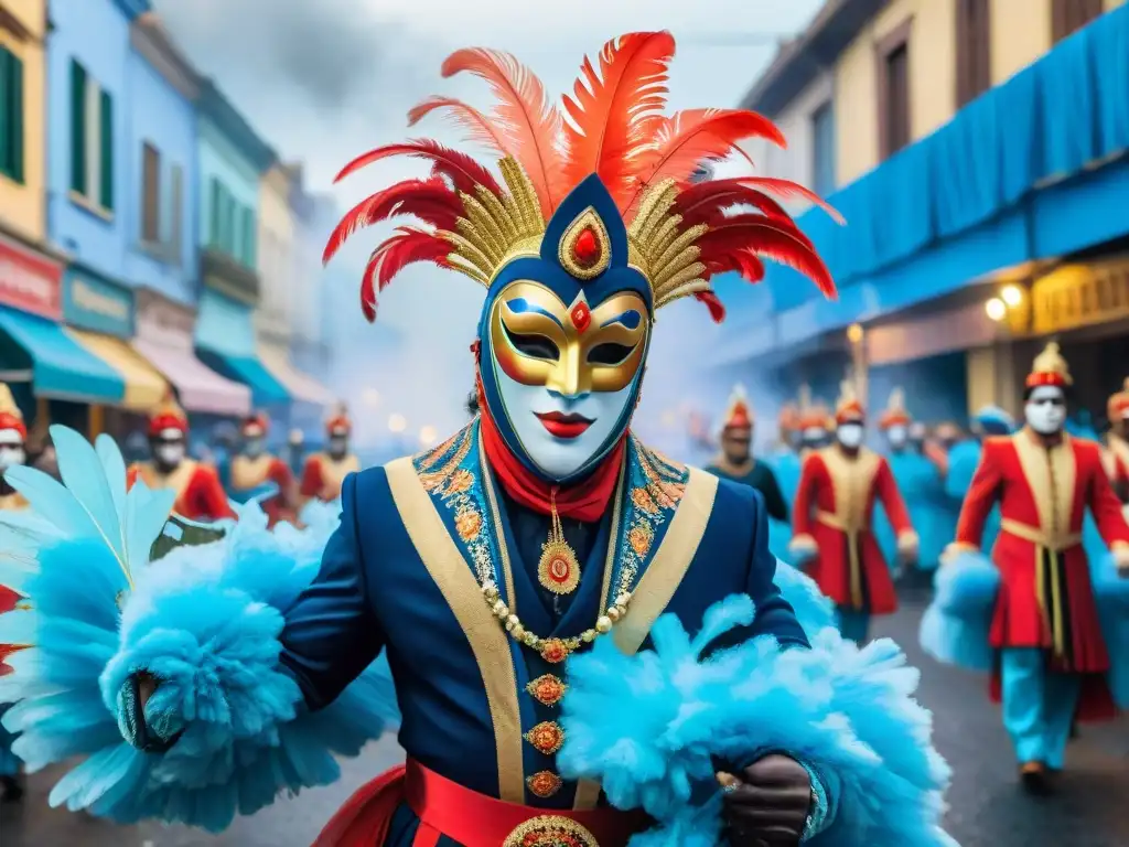 Un vibrante cuadro en acuarela del Carnaval Uruguayo, con enmascarados en un desfile lleno de misterio y color