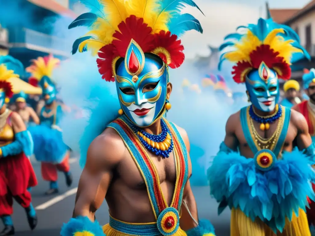 Un vibrante cuadro acuarela del Carnaval Uruguayo, con desfiles coloridos, máscaras y danzas alegres al ritmo de la música tradicional