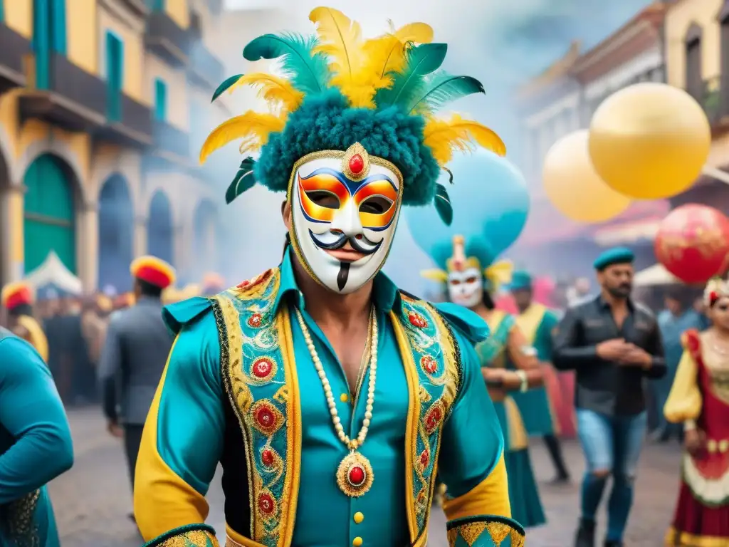 Un vibrante cuadro de acuarela del Carnaval Uruguayo con máscaras elaboradas, trajes coloridos y misterio en el aire