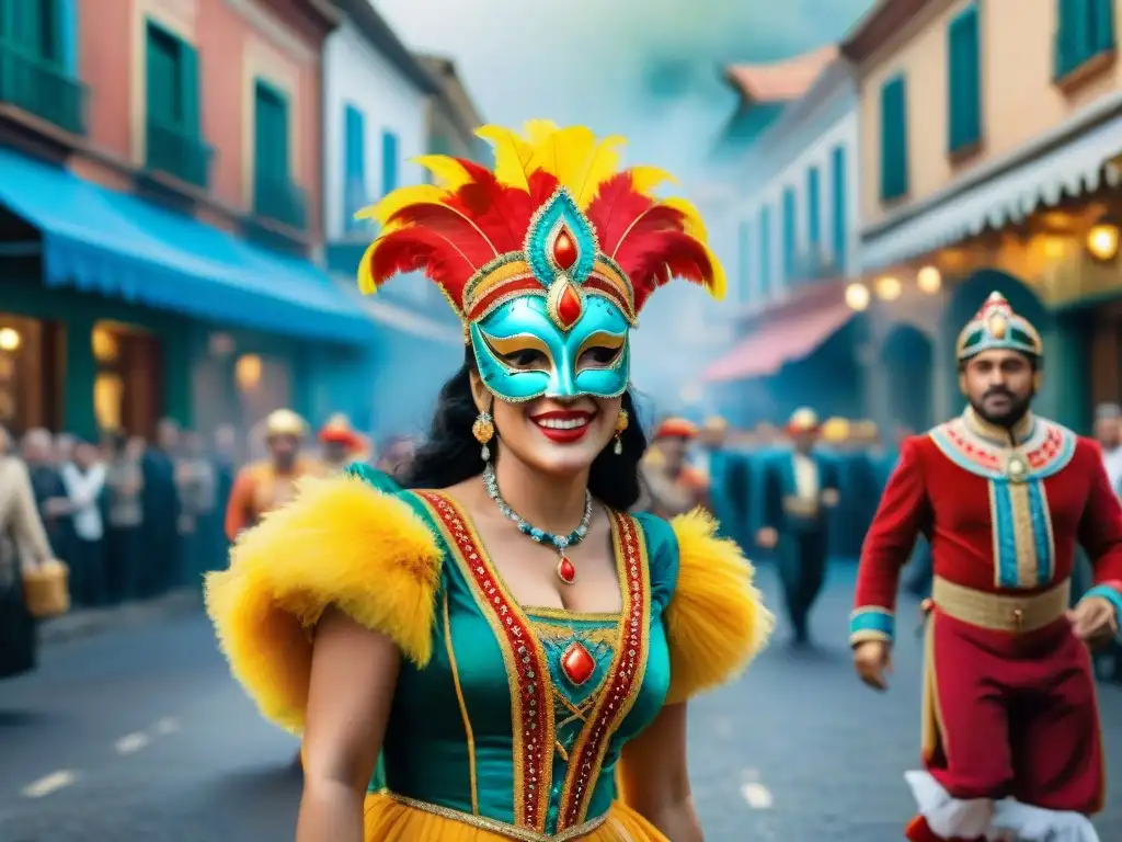 Un vibrante cuadro acuarela del Carnaval Uruguayo, lleno de coloridos trajes y música animada