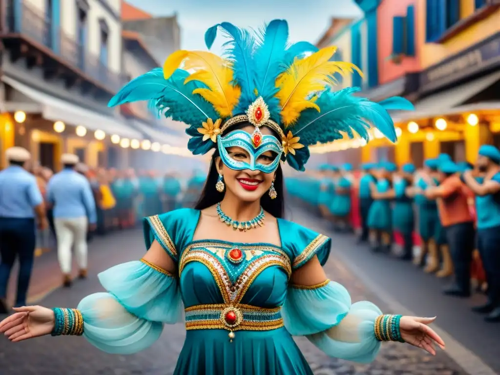 Un vibrante cuadro acuarela del Carnaval Uruguayo, con bailarines y espectadores en las calles, reflejando la alegría del evento