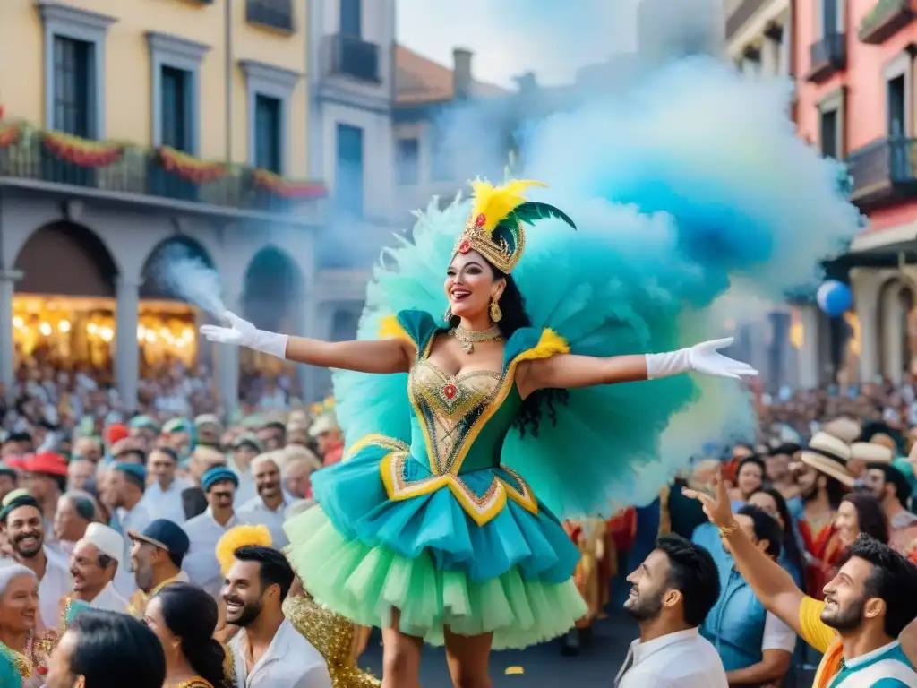 Un vibrante cuadro en acuarela del Carnaval Uruguayo, con desfiles y coloridos trajes