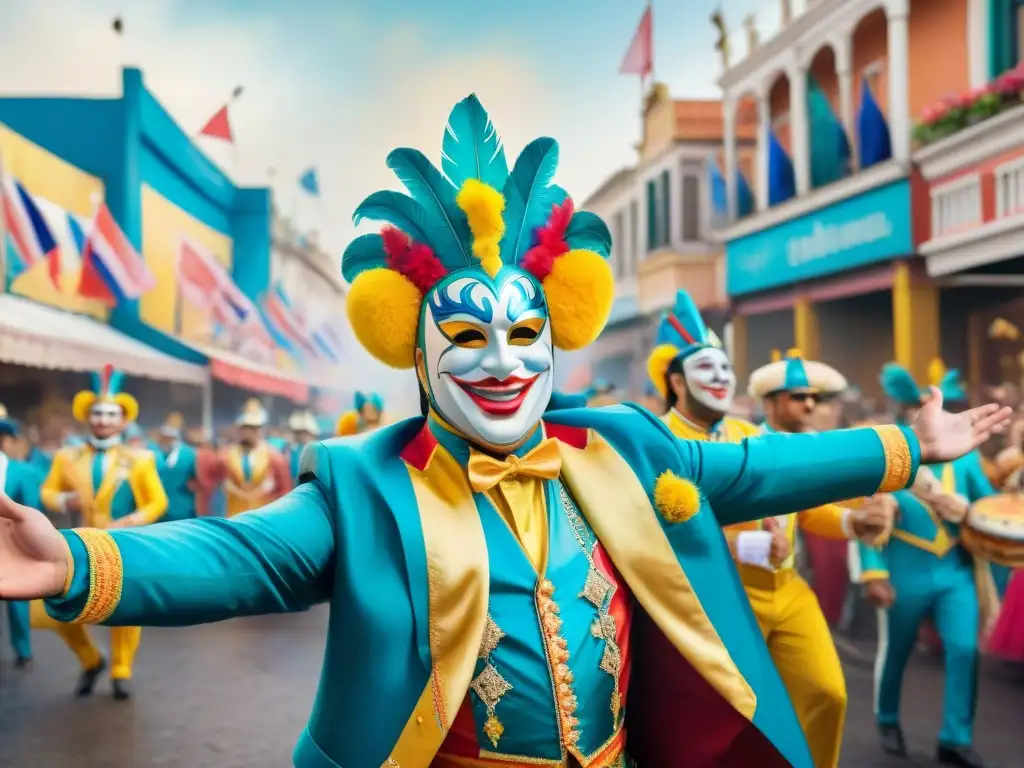 Un vibrante cuadro de acuarela del Carnaval Uruguayo con coloridos desfiles, músicos, confeti y la reina del carnaval