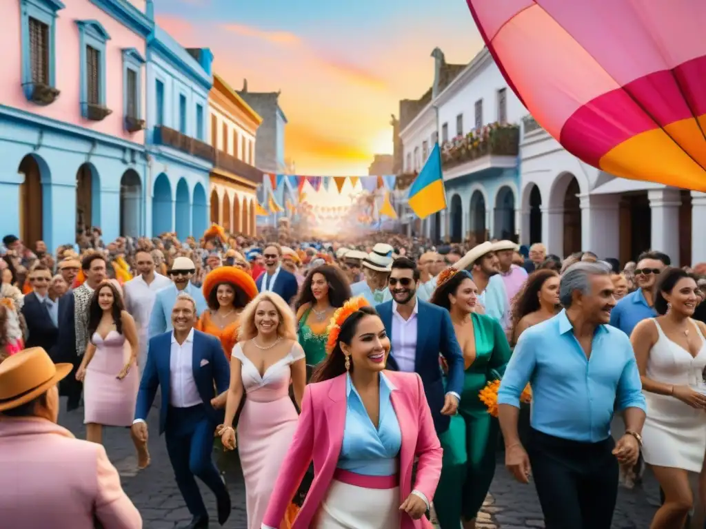 Un vibrante cuadro acuarela del Carnaval en Uruguay, con desfiles, música y arquitectura tradicional