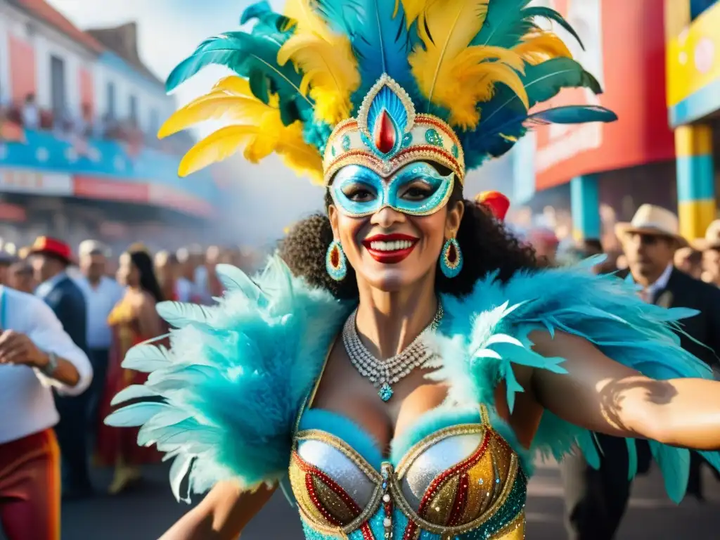 Un vibrante cuadro de acuarela del Carnaval en Uruguay con danzas y trajes elaborados, mostrando técnicas avanzadas de danza