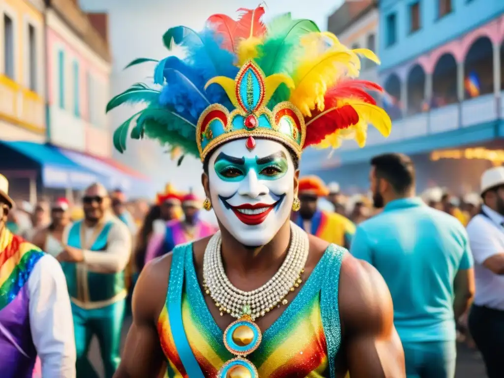 Un vibrante cuadro acuarela de comparsas LGBT+ en Carnaval Uruguayo, celebrando la diversidad con coloridos trajes y alegría contagiosa