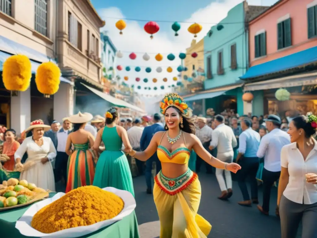 Un vibrante cuadro de acuarela del Carnaval Uruguayo con la Alimentación sostenible y coloridos trajes tradicionales