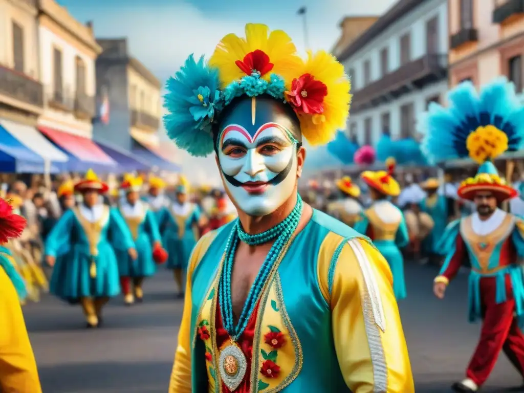 Un vibrante cuadro en acuarela del Carnaval Uruguayo sostenible, con desfile colorido, detallados carros alegóricos y trajes tradicionales