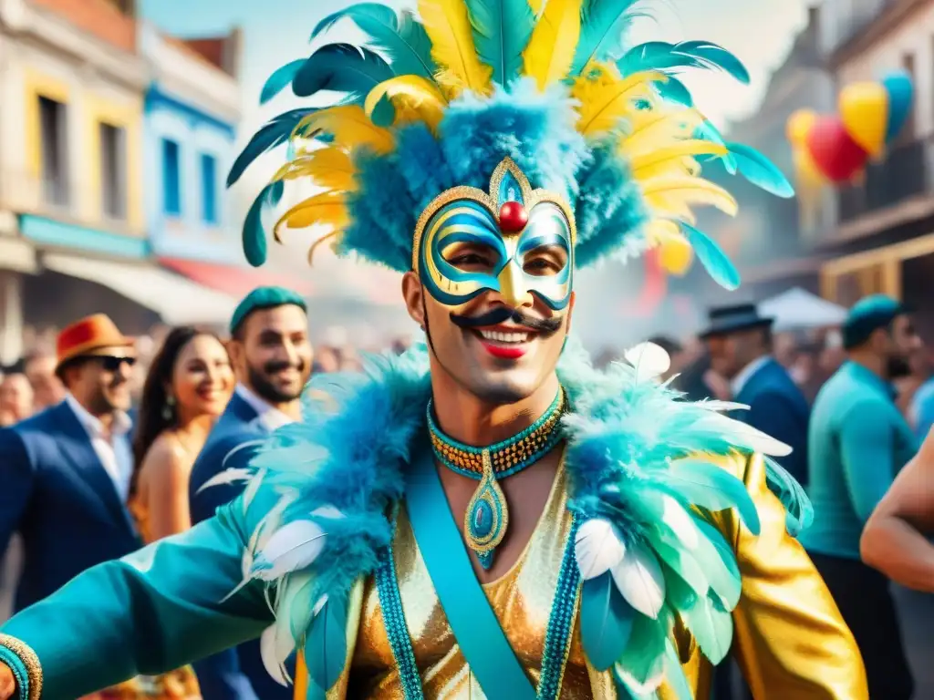 Un vibrante cuadro acuarela del Carnaval Uruguayo, con artistas coloridos y detallados, danzando en las calles