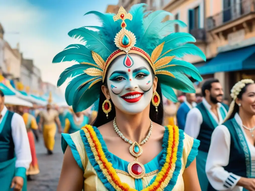 Un vibrante cuadro acuarela de Carnaval Uruguayo