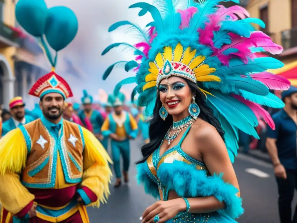 Un vibrante cuadro de acuarela que muestra un colorido desfile de comparsas en pleno Carnaval Uruguayo, con impacto en la identidad cultural