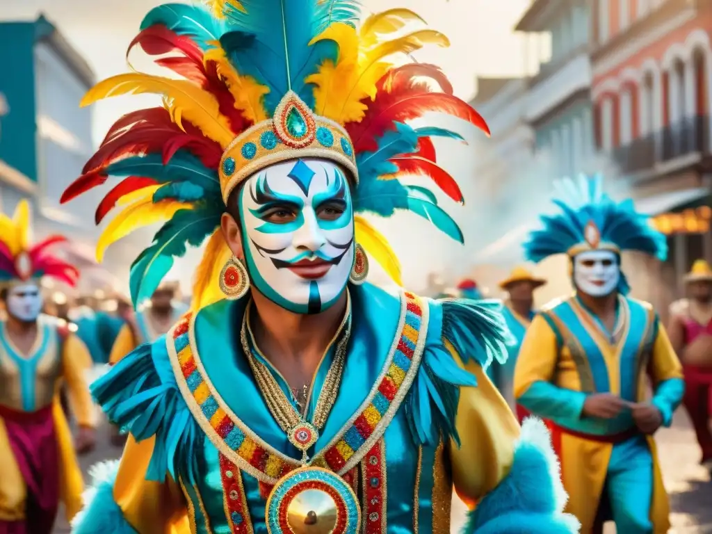 Un vibrante cuadro acuarela de los coloridos trajes del Carnaval Uruguayo, capturando la tradición y celebración