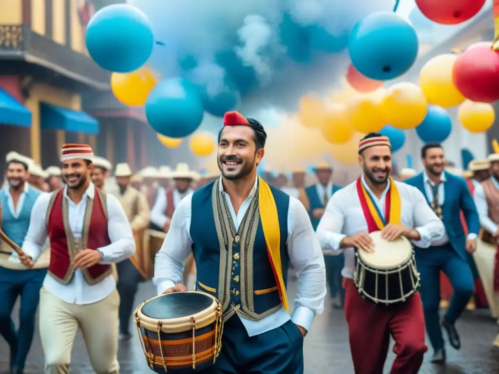 Un vibrante cuadro acuarela de una comparsa en trajes tradicionales del Carnaval Uruguayo, tocando instrumentos musicales y ondeando banderas coloridas, con confeti cayendo a su alrededor