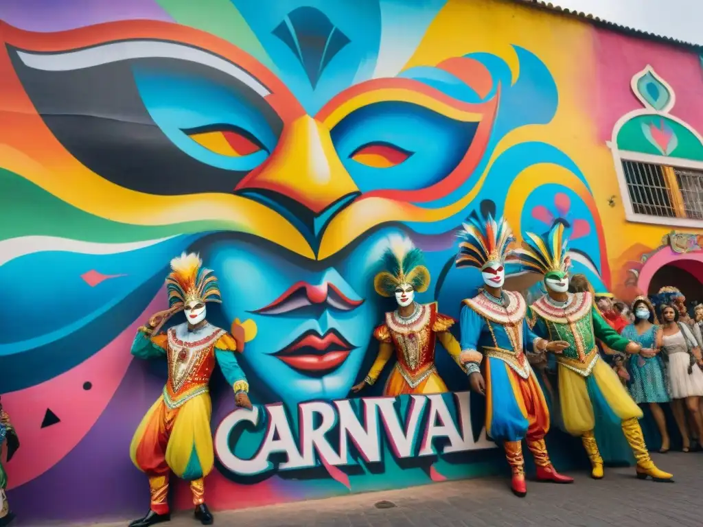 Un vibrante cuadro acuarela detallado muestra escena de carnaval en Uruguay con graffiti