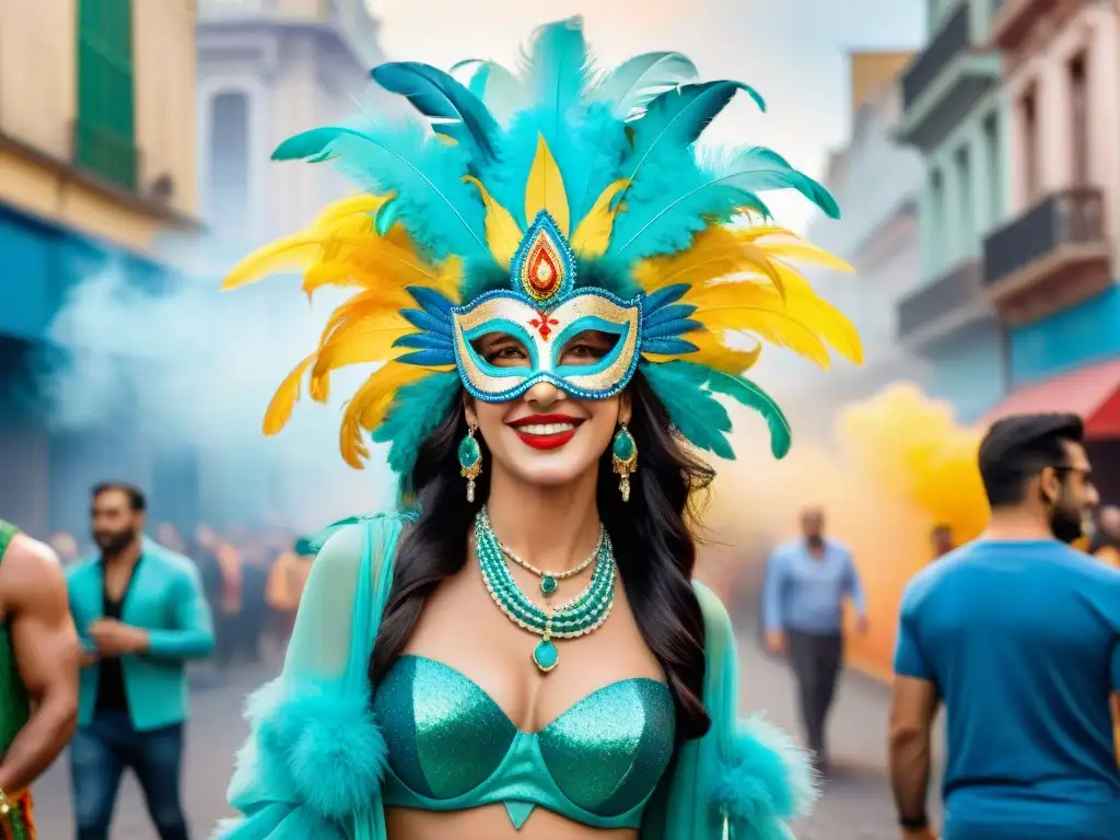 Un vibrante cuadro de acuarela muestra a diseñadores contemporáneos en Uruguay, con trajes Carnaval llenos de color y creatividad