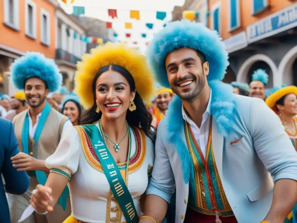 Un vibrante cuadro acuarela de emigrantes uruguayos celebrando el Carnaval, unidos en fiesta y nostalgia