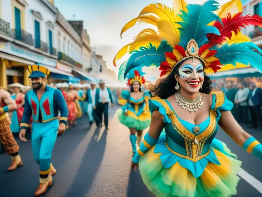 Un vibrante cuadro de acuarela que captura la energía del Carnaval en Uruguay, con impacto social