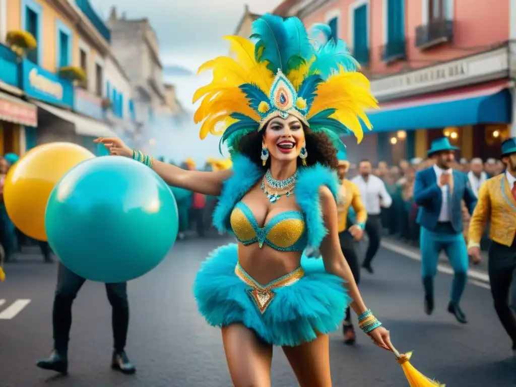 Un vibrante cuadro acuarela que captura la esencia del Carnaval Uruguayo, con una conexión entre Julio Sosa y la celebración