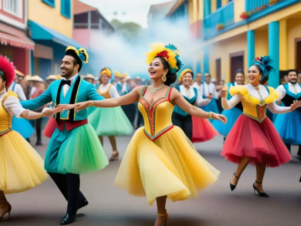 Un vibrante cuadro acuarela de estudiantes bailando danzas tradicionales uruguayas en un animado carnaval