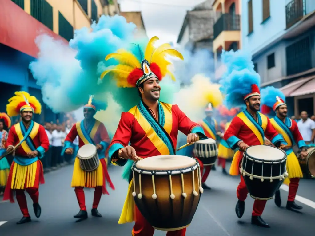 Un vibrante cuadro de acuarela que representa el futuro del Candombe en el Carnaval de Uruguay, con tambores y colores tradicionales