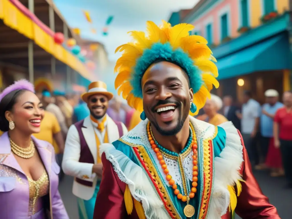 Un vibrante cuadro de acuarela que muestra tres generaciones de una familia en trajes de carnaval, celebrando juntas