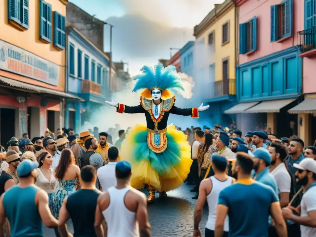 Un vibrante cuadro de acuarela que muestra graffiteros en el Carnaval Uruguayo, con coloridos bailarines y arte callejero detallado