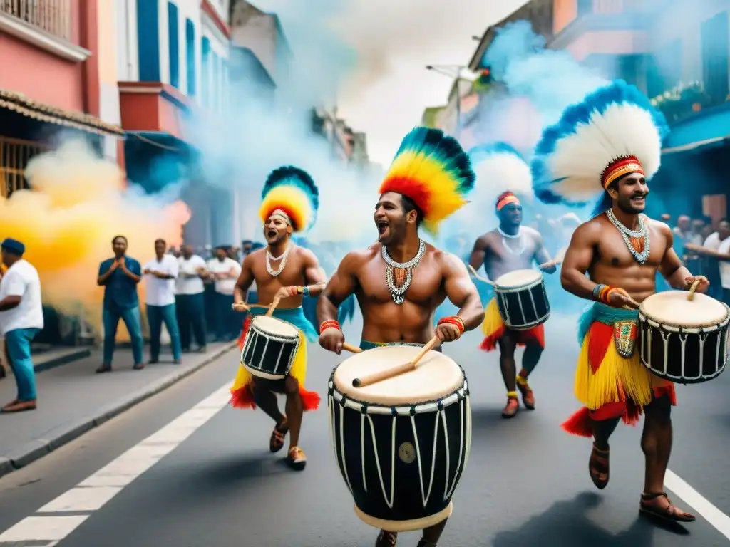 Un vibrante cuadro de acuarela que muestra a un grupo de tamborileros de Candombe en atuendo tradicional, tocando con pasión en un desfile callejero