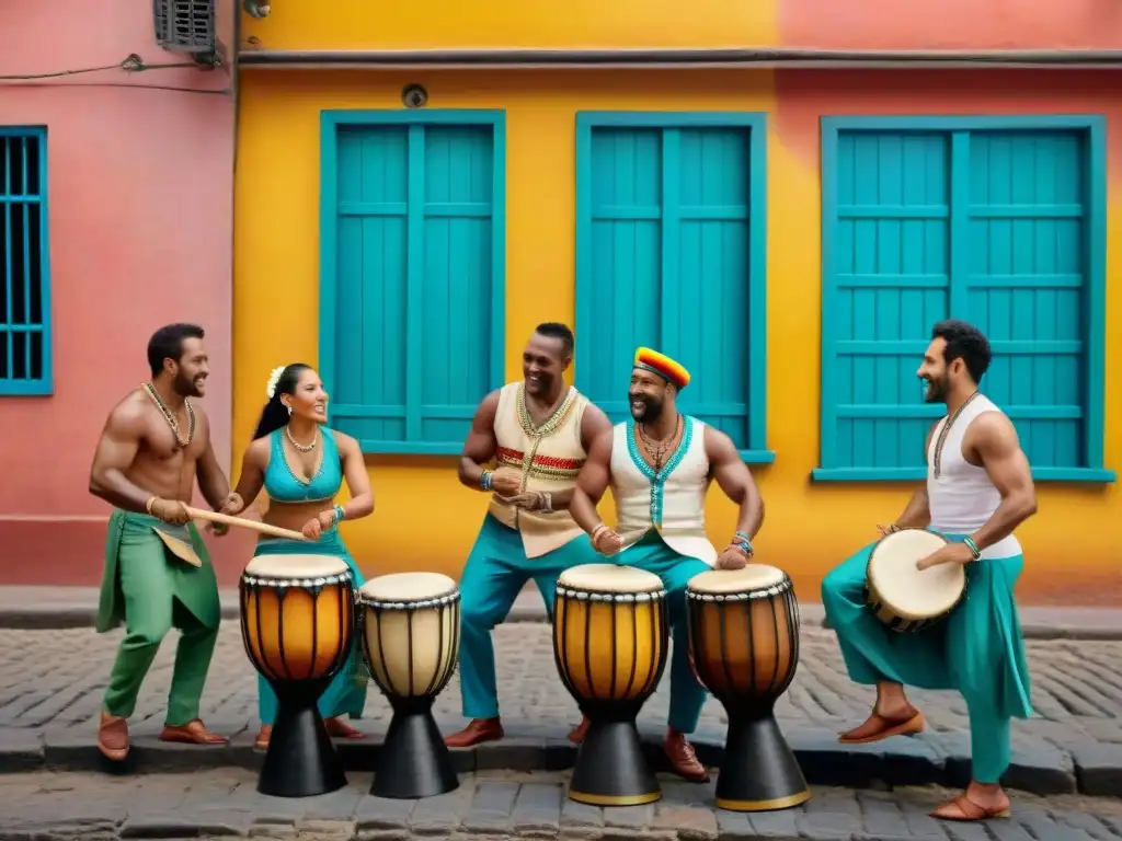 Un vibrante cuadro de acuarela muestra a un grupo de personas diversas tocando tambores de Candombe en una calle empedrada de Montevideo, Uruguay