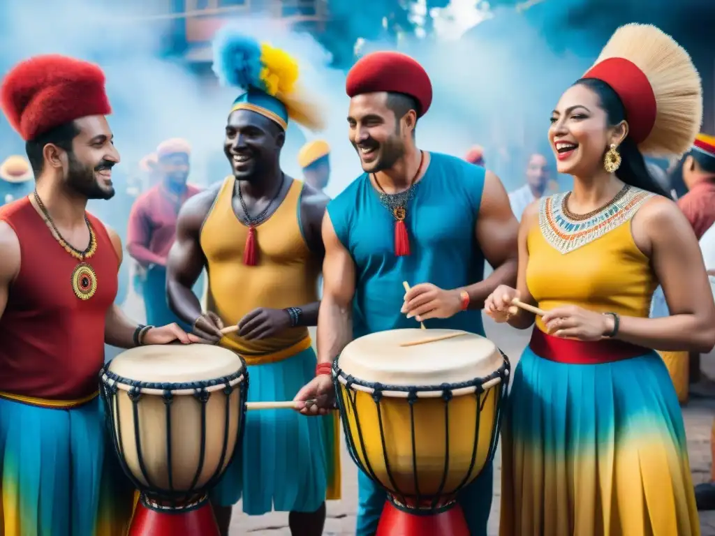 Un vibrante cuadro de acuarela que muestra a un grupo diverso tocando tambores de Candombe en talleres culturales de Uruguay