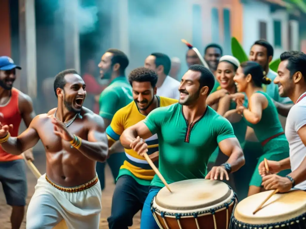 Un vibrante cuadro de acuarela mostrando un grupo diverso participando alegremente en talleres de candombe en Uruguay