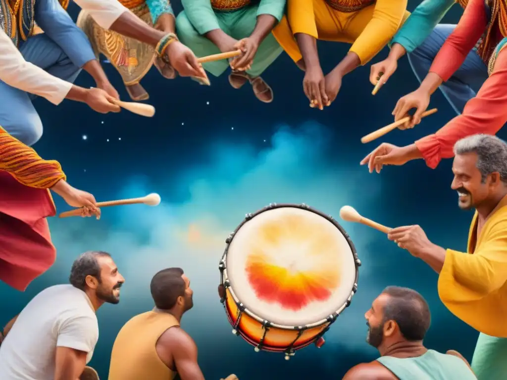 Un vibrante cuadro de acuarela mostrando un grupo diverso tocando tambores bajo el cielo estrellado en Talleres de Candombe en Uruguay