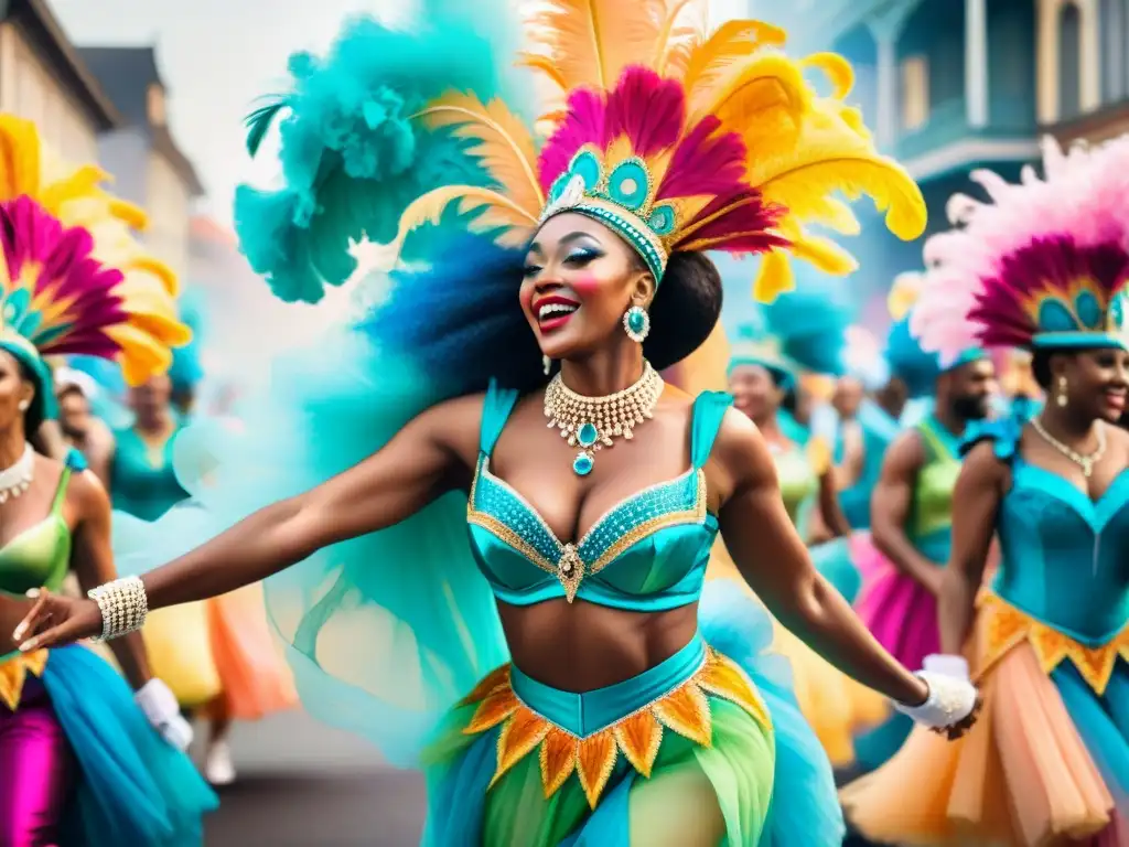 Un vibrante cuadro de acuarela que muestra a un grupo diverso con coloridos trajes de carnaval, bailando alegremente en las calles durante un desfile