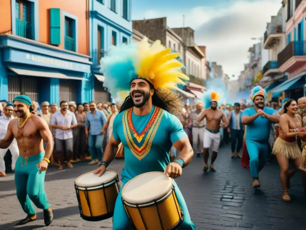 Un vibrante cuadro de acuarela que muestra la impacto social emocional de las murgas en Uruguay durante el Carnaval en Montevideo