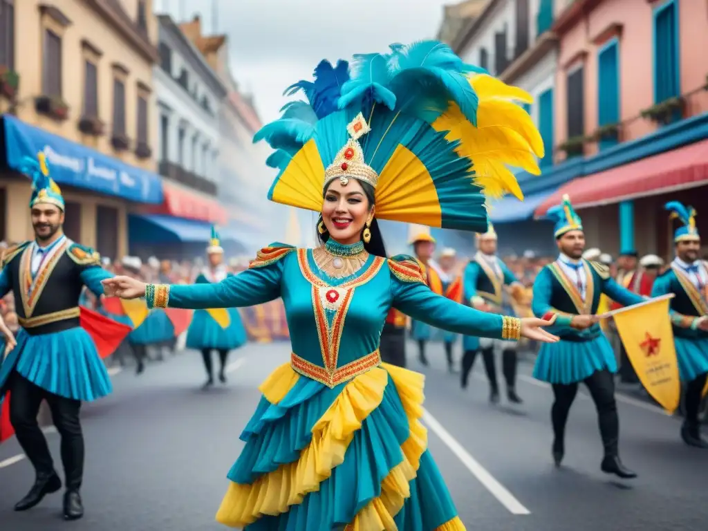 Un vibrante cuadro de acuarela que captura el impacto del Carnaval Uruguayo diáspora con danzas, colores alegres y música tradicional