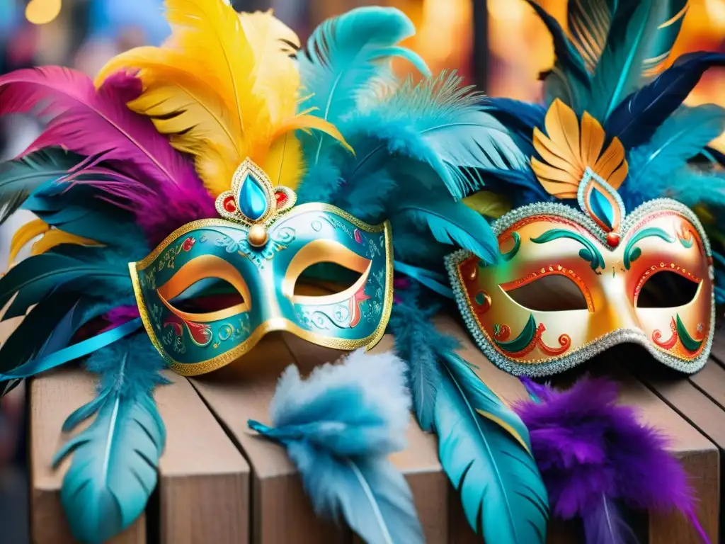 Un vibrante cuadro acuarela de máscaras de carnaval uruguayo, reflejando la artesanía y tradición festiva