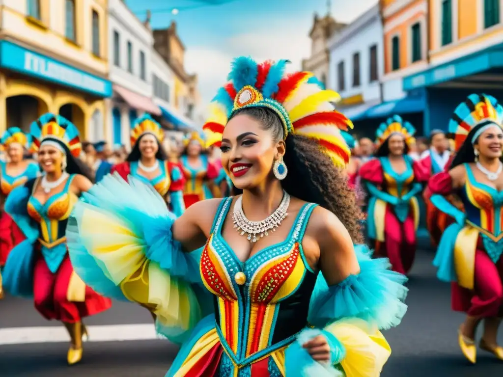 Un vibrante cuadro de acuarela de Mujeres en el Carnaval Uruguayo, mostrando su empoderamiento y alegría en el desfile