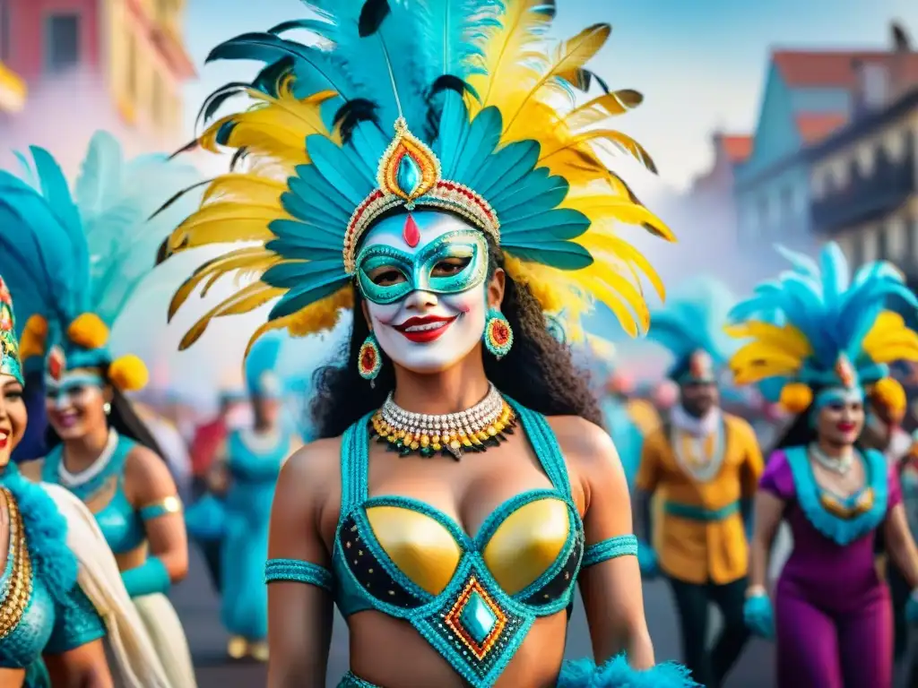 Un vibrante cuadro de acuarela que representa a Mujeres en el Carnaval Uruguayo, danzando alegres en un desfile colorido y festivo