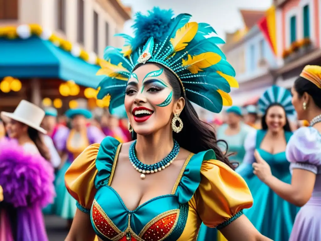 Un vibrante cuadro acuarela de Mujeres en el Carnaval Uruguayo bailando alegres en un desfile colorido y festivo