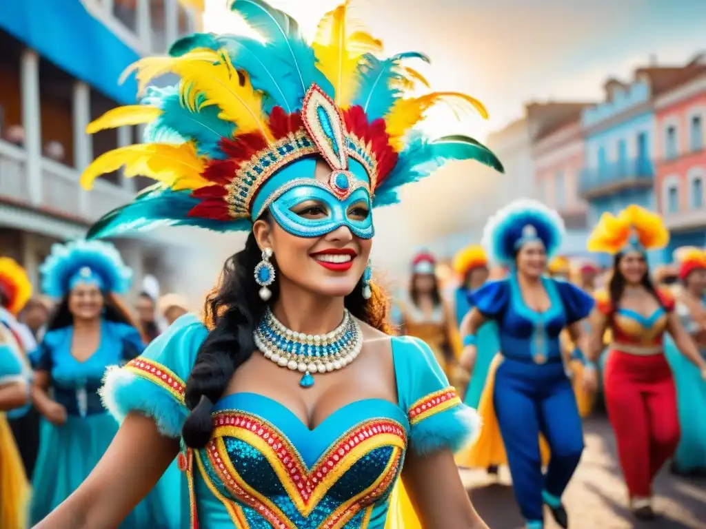 Un vibrante cuadro de acuarela con mujeres en el Carnaval Uruguayo, luciendo trajes tradicionales y celebrando con alegría