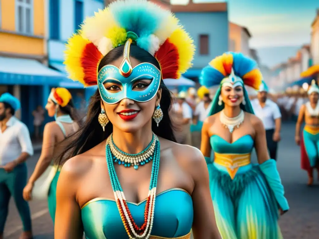 Un vibrante cuadro de acuarela de murgas femeninas en Uruguay, rompiendo estereotipos con confianza y coloridos trajes en un desfile de carnaval