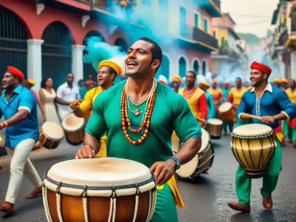 Un vibrante cuadro de acuarela que muestra músicos diversos tocando tambores de Candombe en un desfile callejero, capturando la esencia del Candombe