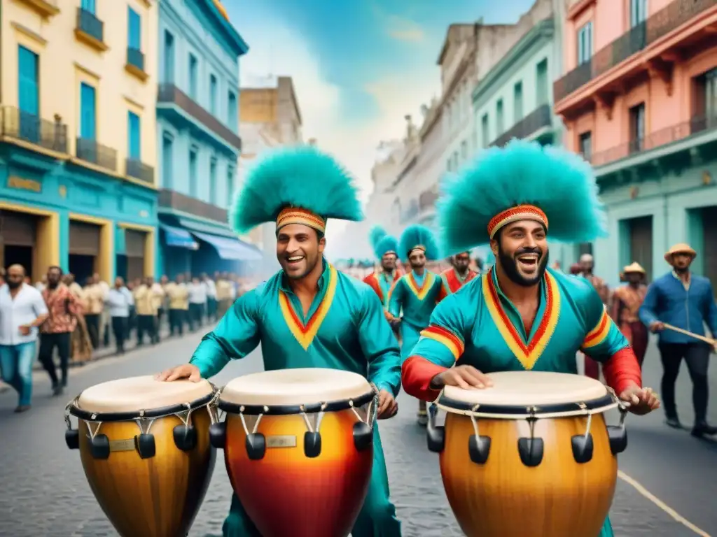 Un vibrante cuadro de acuarela que muestra músicos AfroUruguayos tocando tambores de Candombe en las calles de Montevideo durante un carnaval colorido