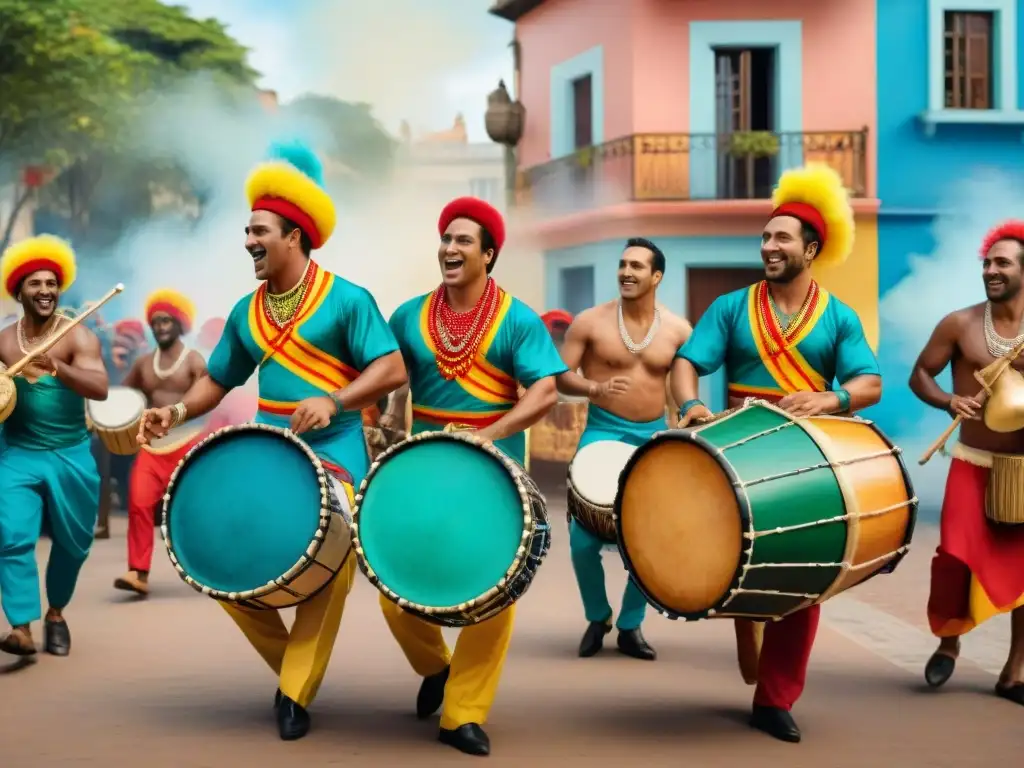 Un vibrante cuadro acuarela de músicos tocando tambores de Candombe en talleres de candombe en Uruguay